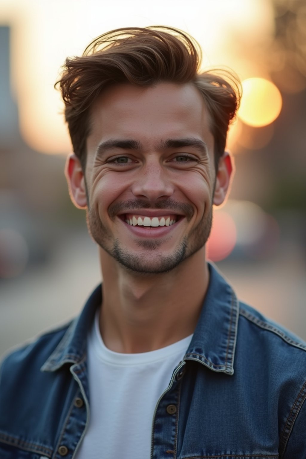 headshot of smiling man wearing casual clothes posing for dating app headshot. outdoor blurry background. the lighting is warm, possibly from a setting sun, creating a soft glow around him, enhancing the casual and relaxed vibe of the image. the setting seems to be outdoors, likely in an urban environment, with the blurred background hinting at a street or park-like area. this image likely portrays a youthful, active, and approachable individual, possibly in a lifestyle or fashion-related context.