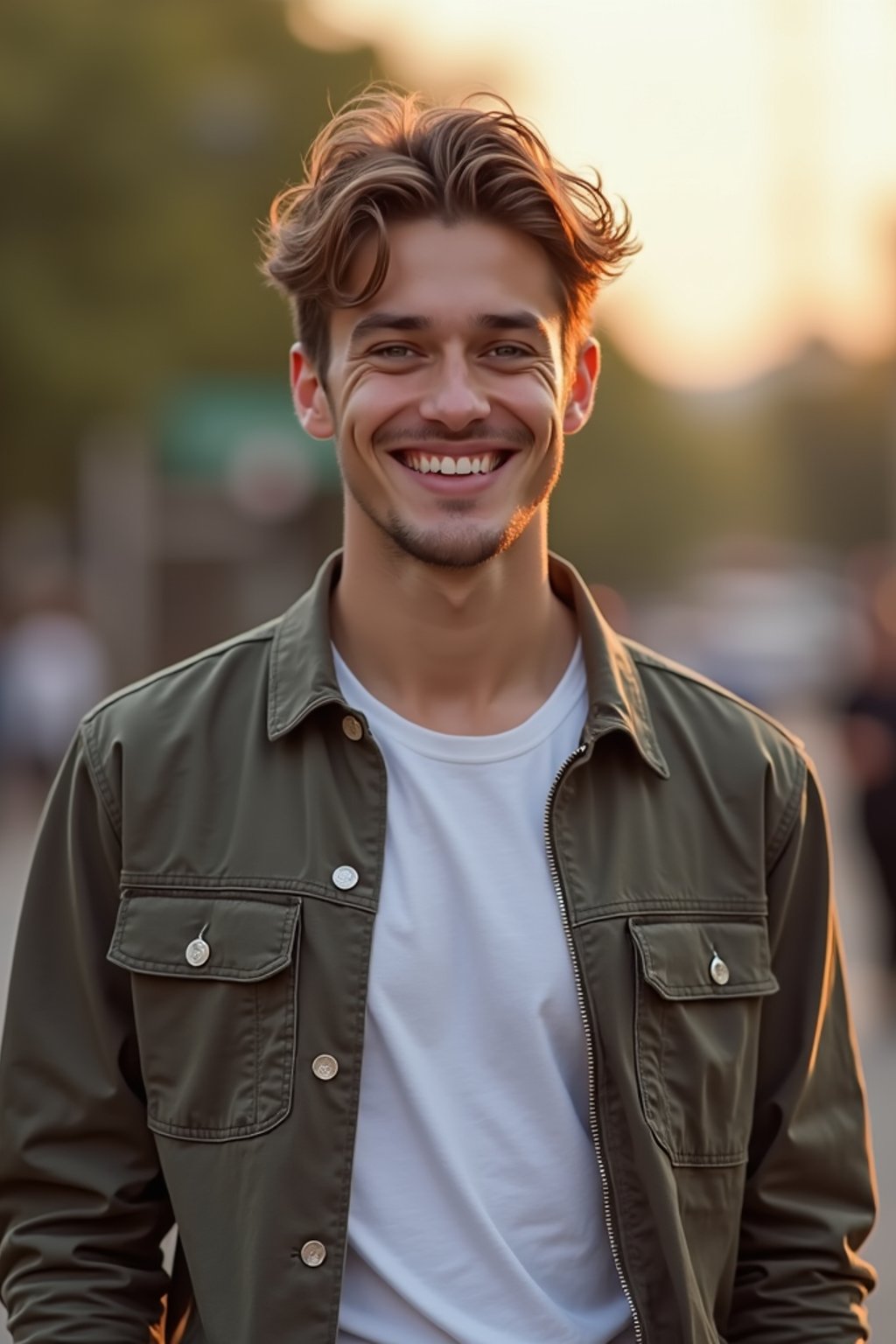 headshot of smiling man wearing casual clothes posing for dating app headshot. outdoor blurry background. the lighting is warm, possibly from a setting sun, creating a soft glow around him, enhancing the casual and relaxed vibe of the image. the setting seems to be outdoors, likely in an urban environment, with the blurred background hinting at a street or park-like area. this image likely portrays a youthful, active, and approachable individual, possibly in a lifestyle or fashion-related context.