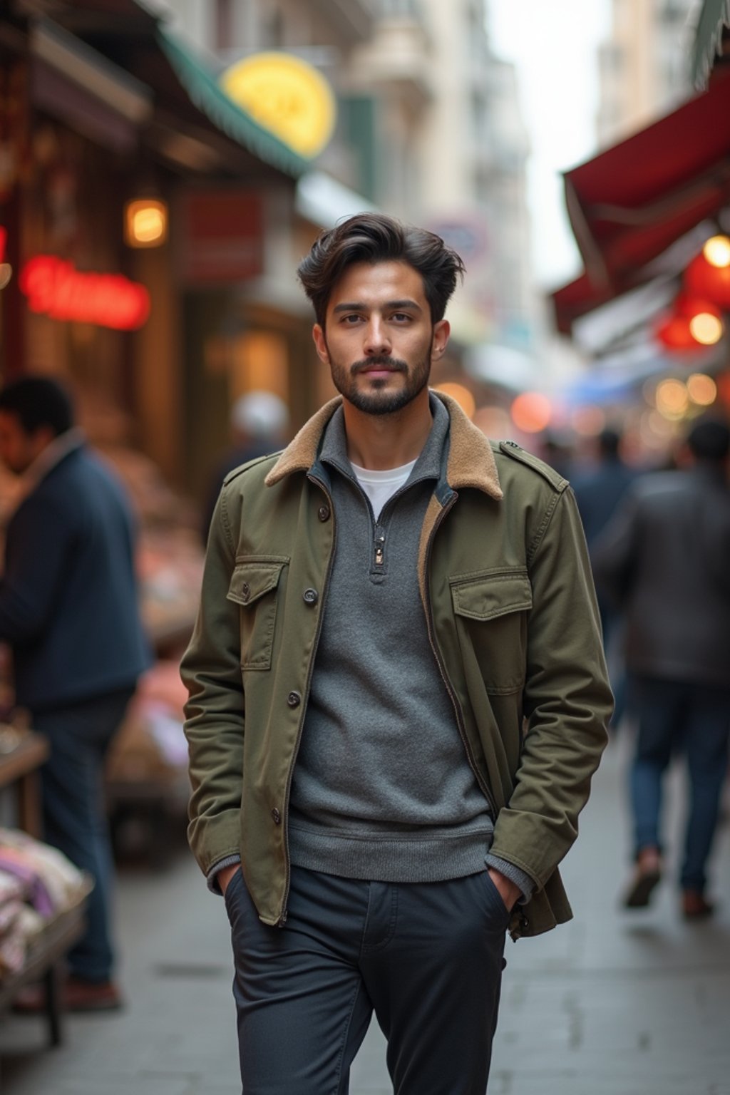 a stylish masculine  man exploring a street market