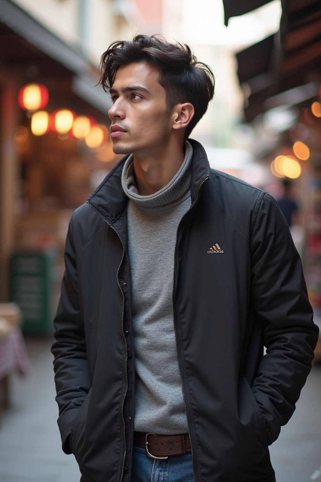 a stylish masculine  man exploring a street market