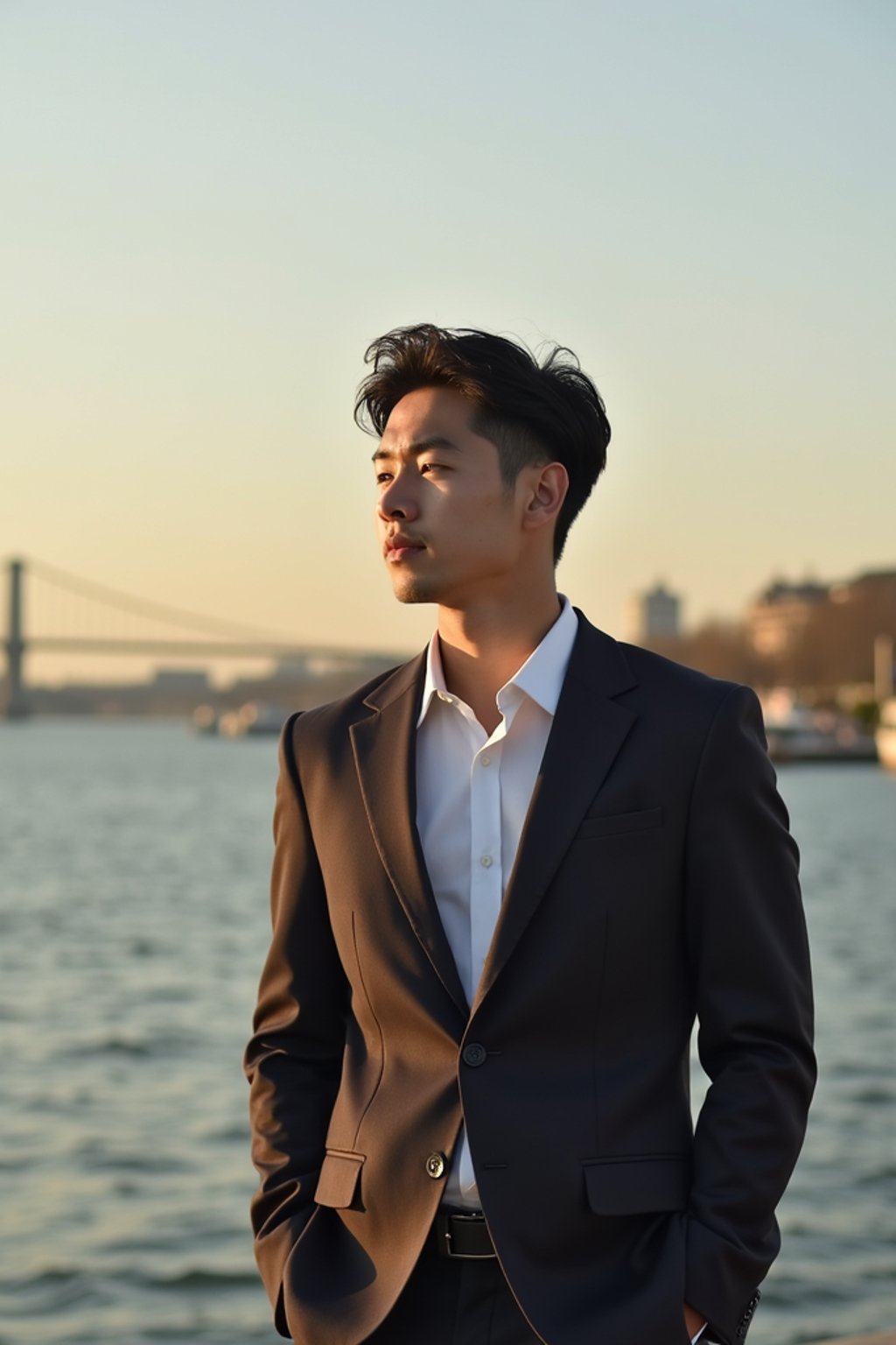 a captivating masculine  man enjoying a peaceful moment by the waterfront