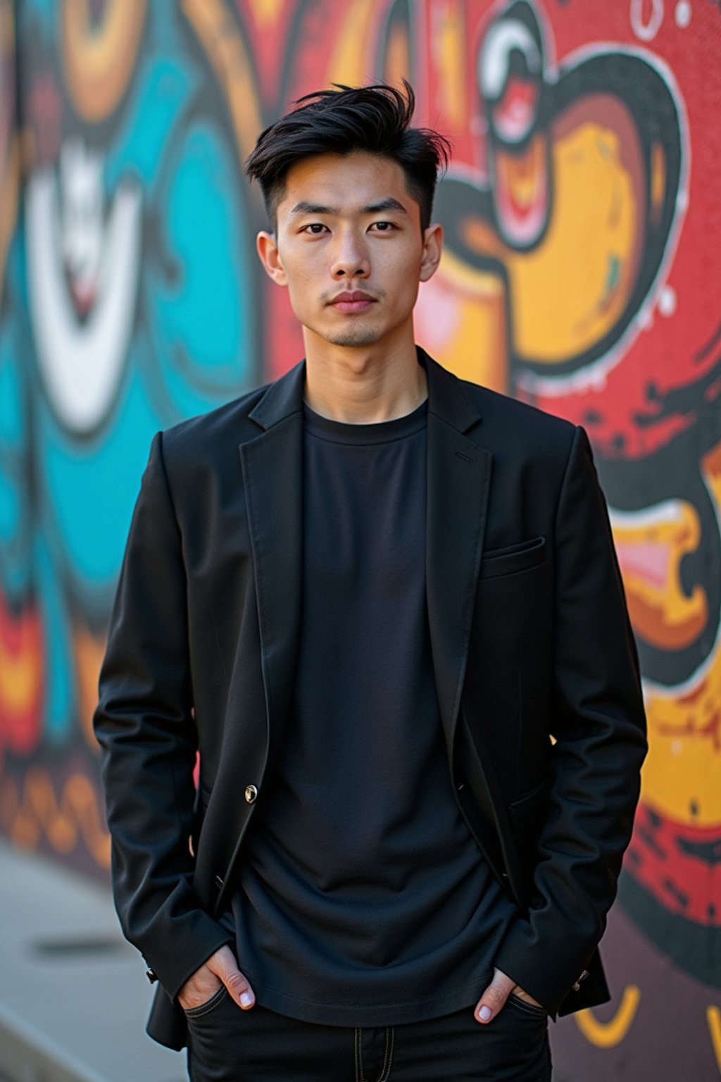 a fashionable masculine  man posing in front of street art