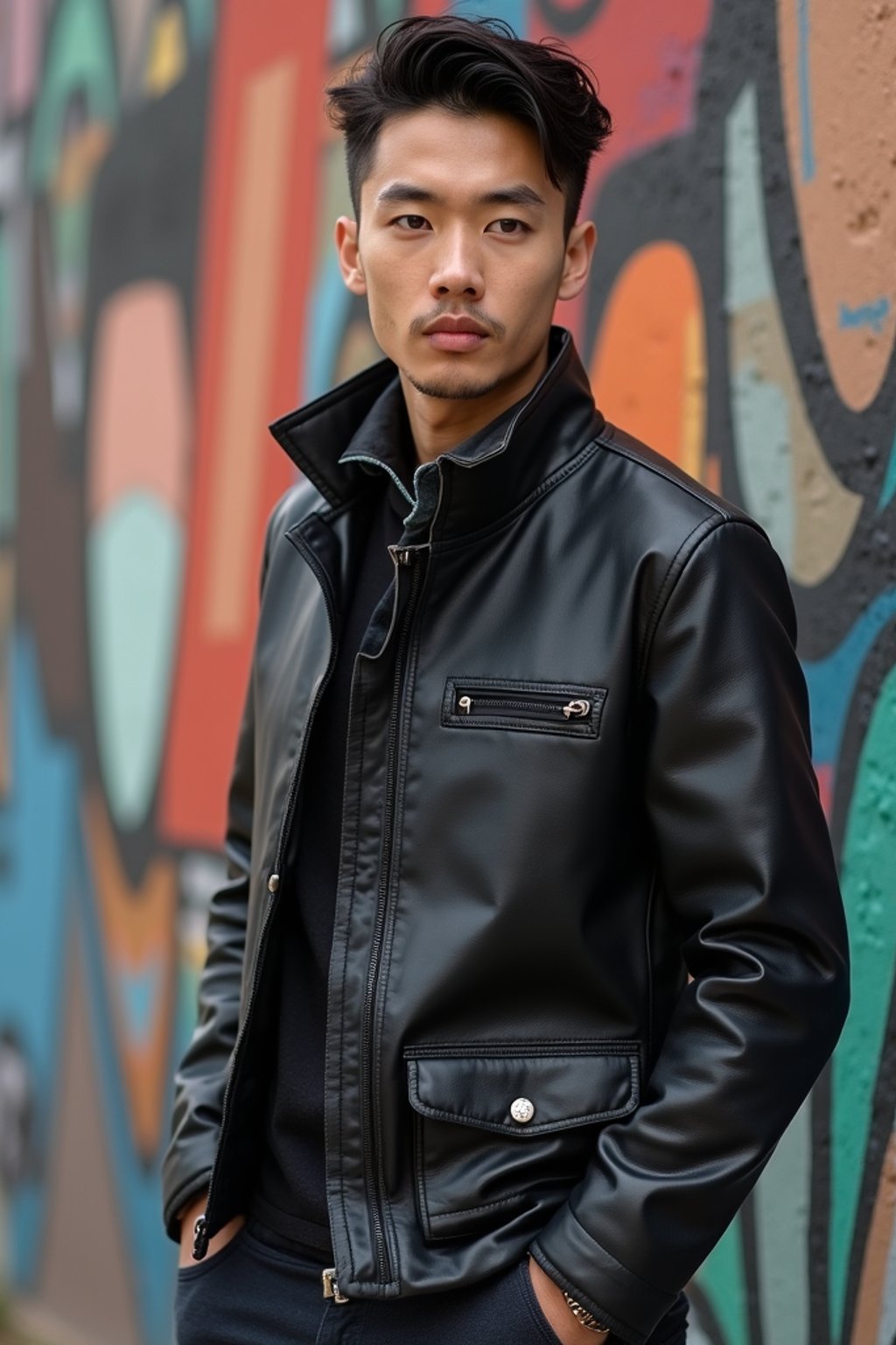 a fashionable masculine  man posing in front of street art