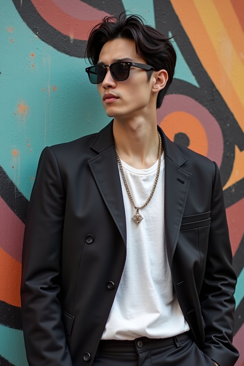 a fashionable masculine  man posing in front of street art