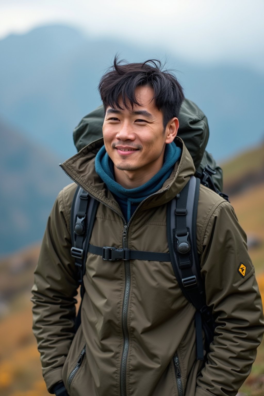 an adventurous masculine  man hiking in the mountains