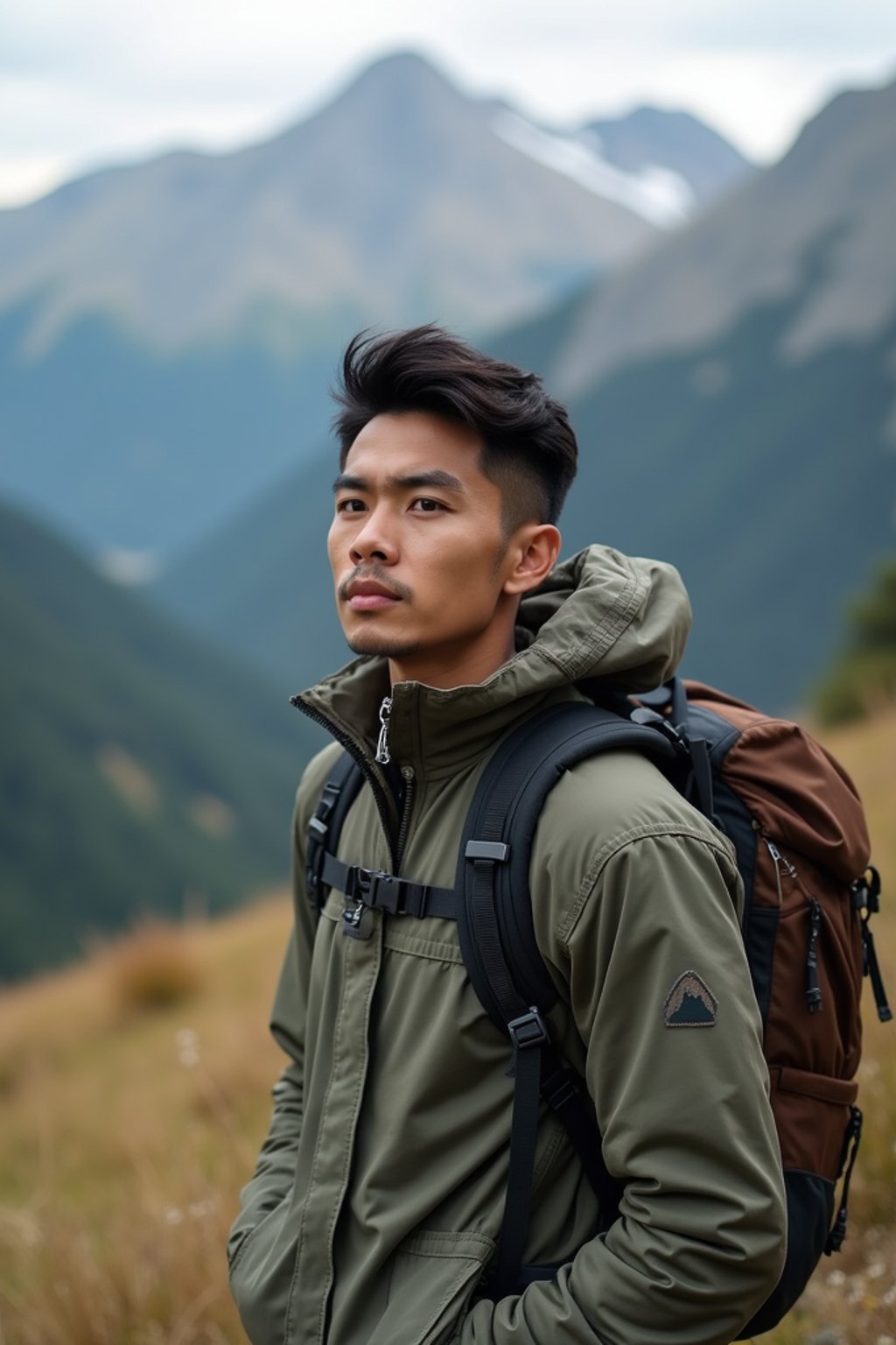 an adventurous masculine  man hiking in the mountains