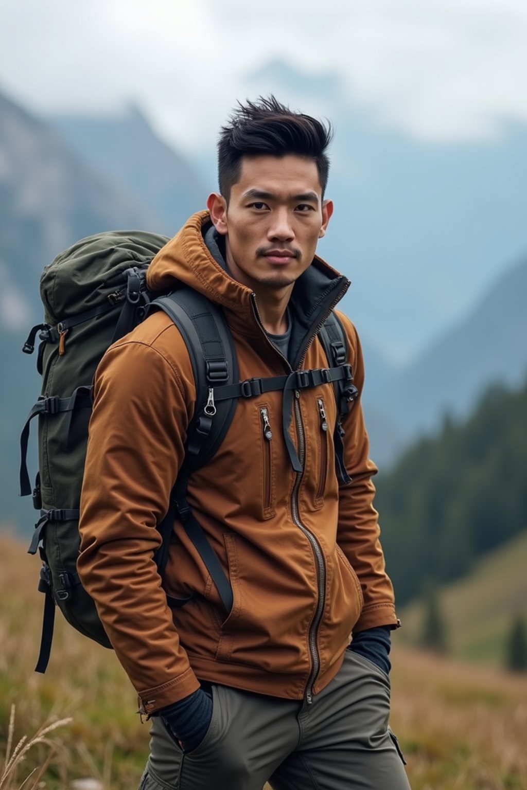 an adventurous masculine  man hiking in the mountains