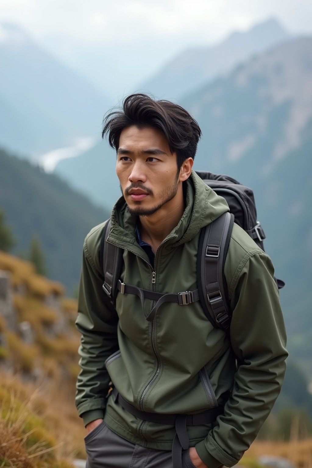 an adventurous masculine  man hiking in the mountains