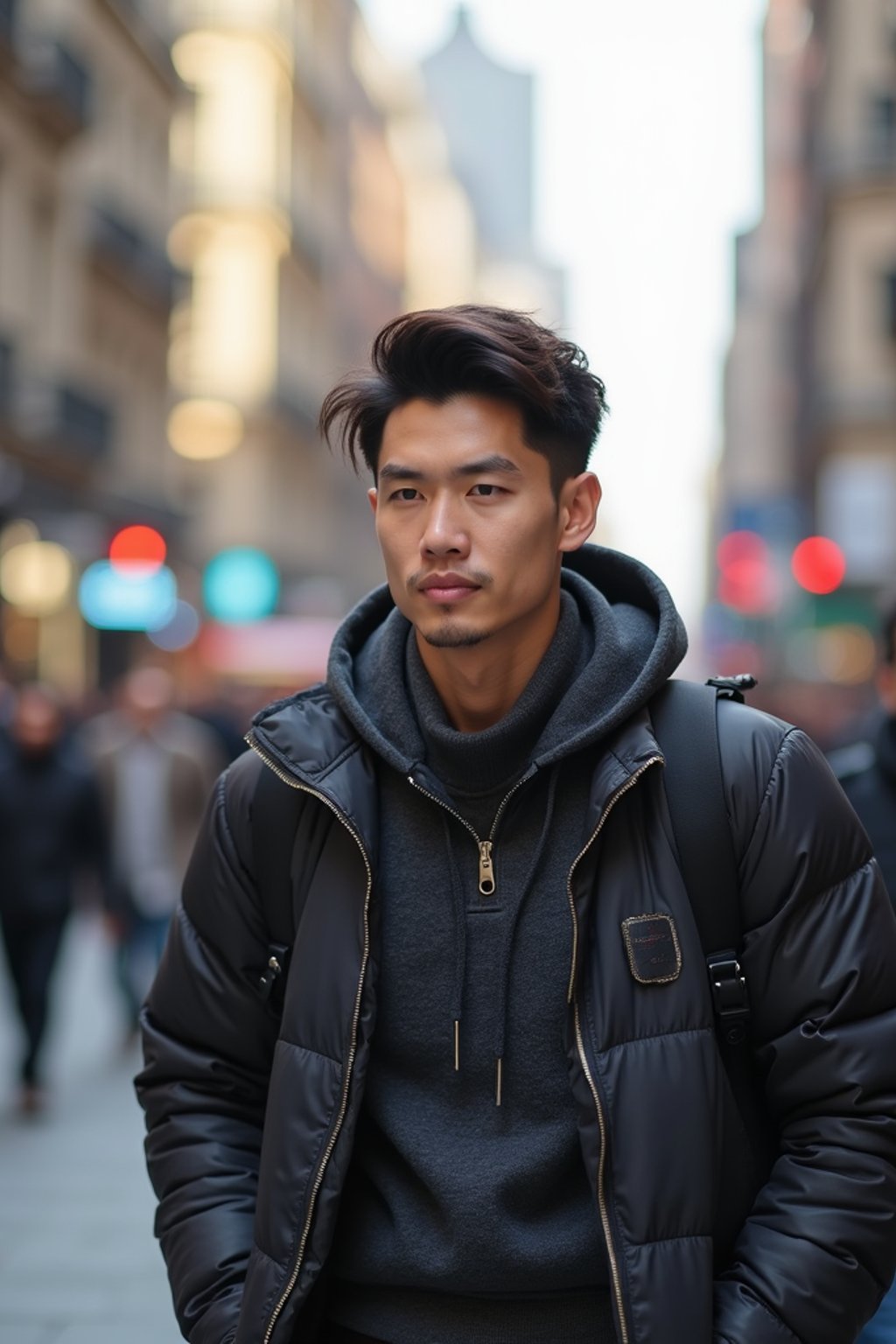 a confident masculine  man exploring a bustling city street