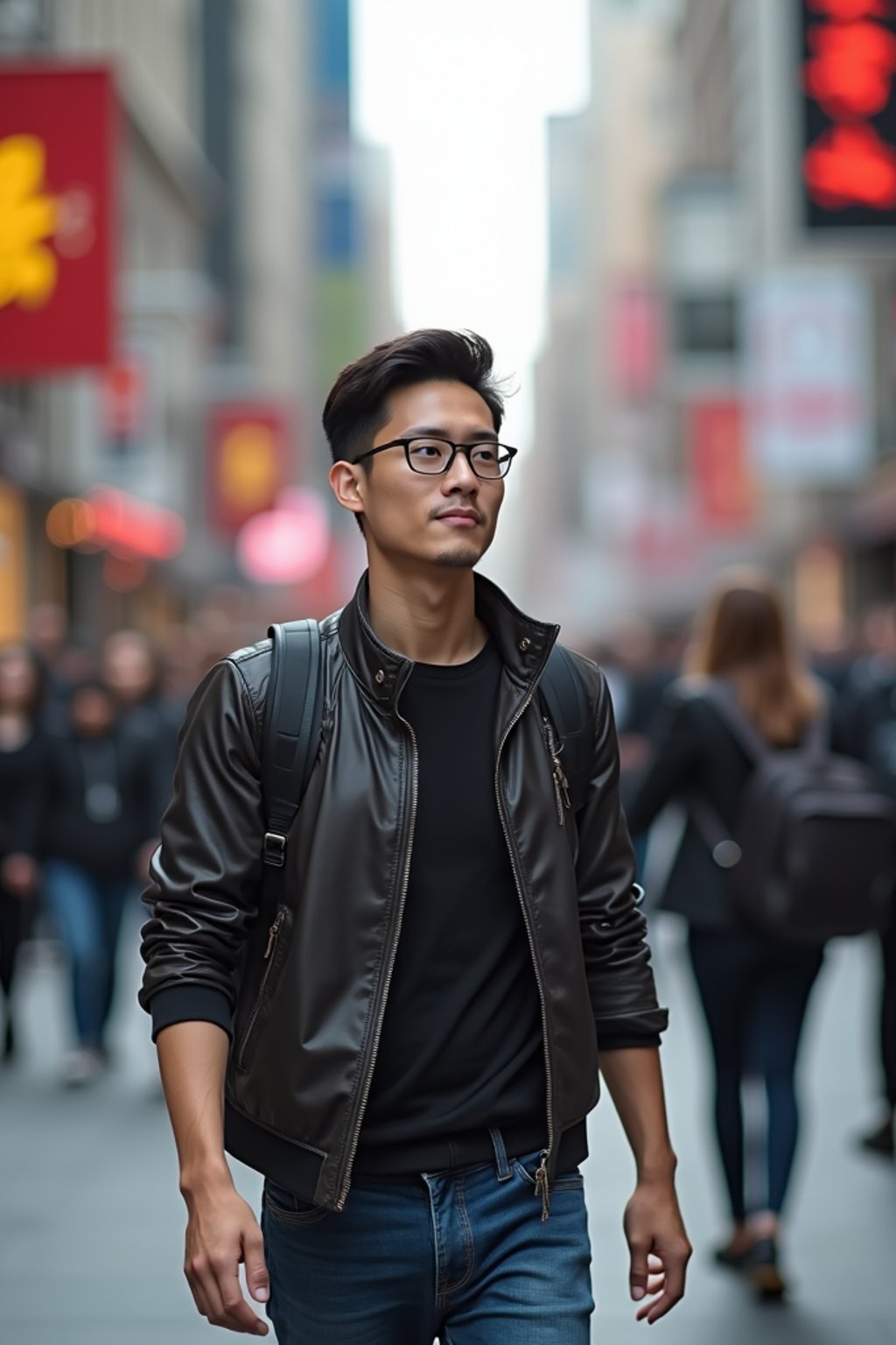 a confident masculine  man exploring a bustling city street