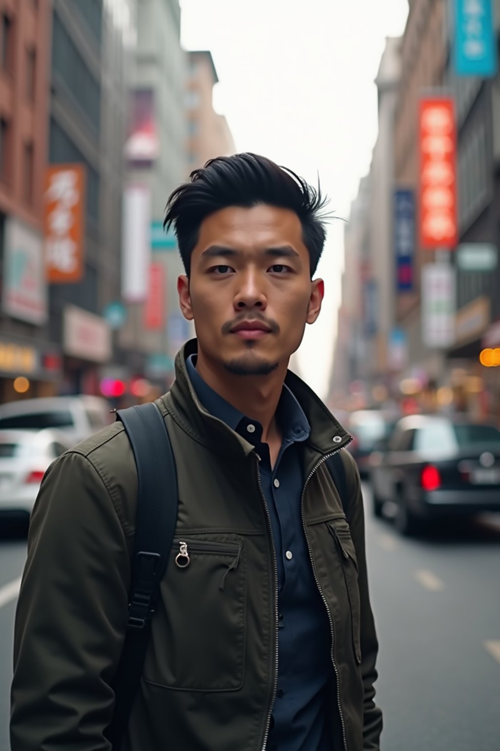 a confident masculine  man exploring a bustling city street