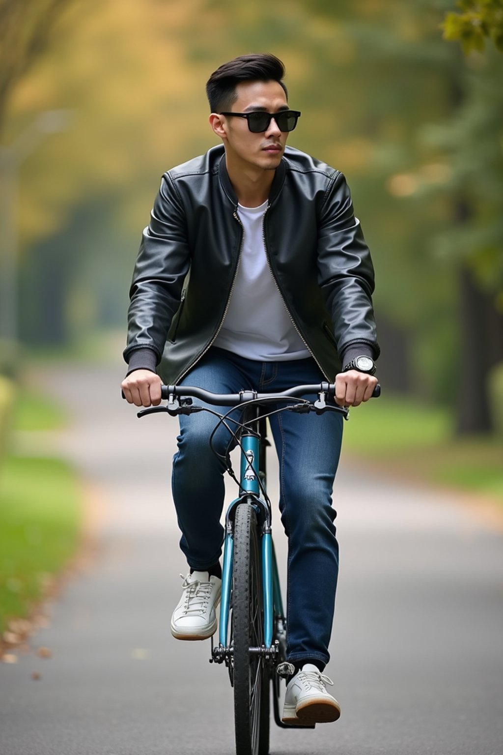 a stylish masculine  man enjoying a leisurely bike ride along a scenic path