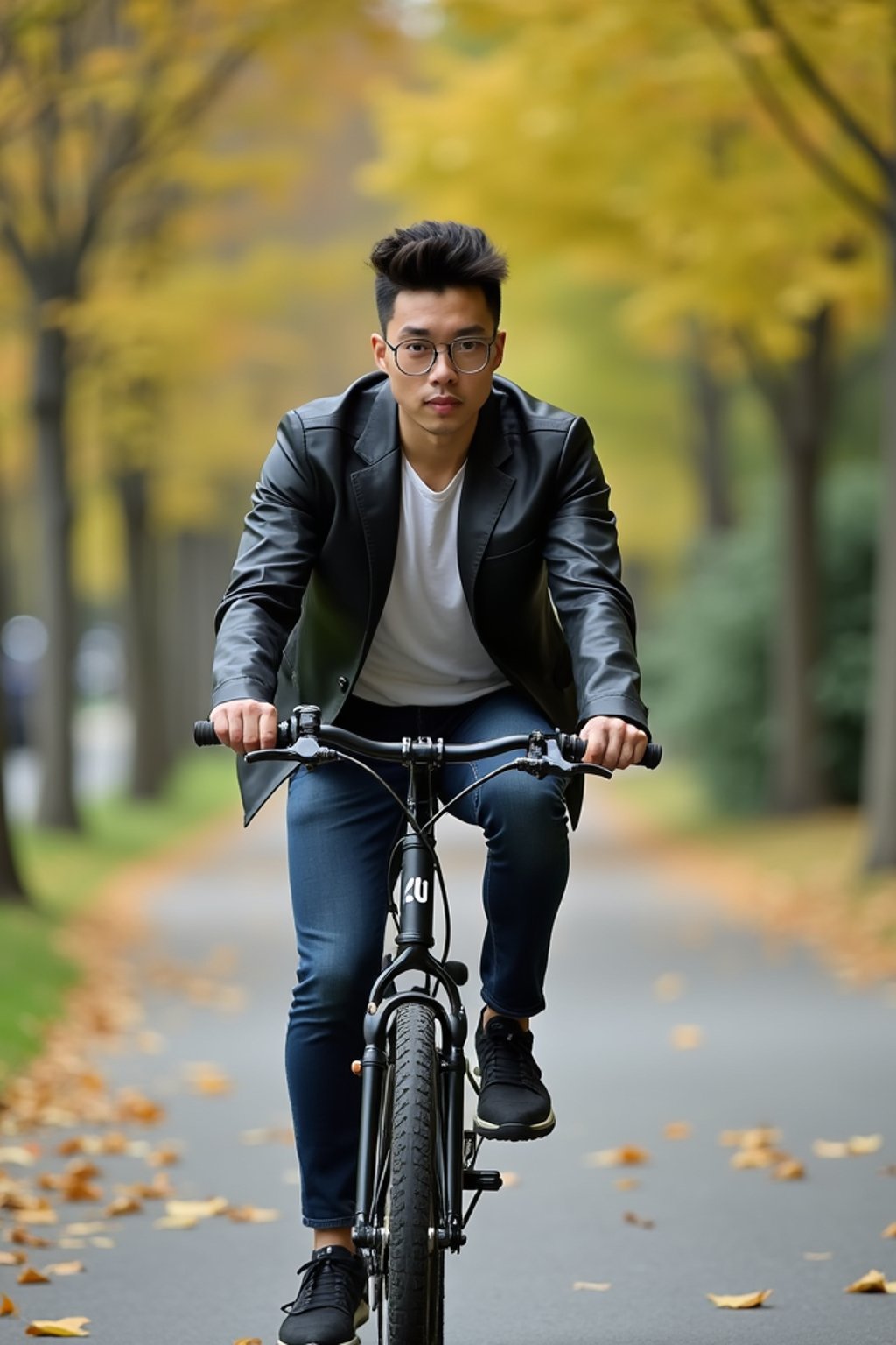 a stylish masculine  man enjoying a leisurely bike ride along a scenic path