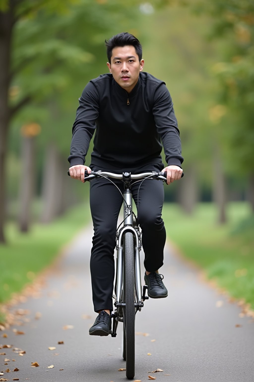 a stylish masculine  man enjoying a leisurely bike ride along a scenic path