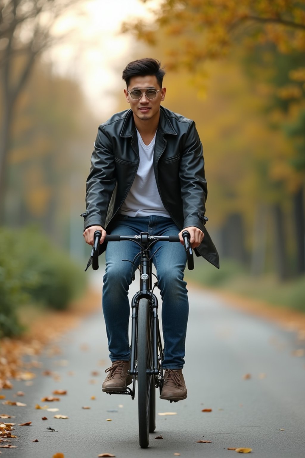 a stylish masculine  man enjoying a leisurely bike ride along a scenic path