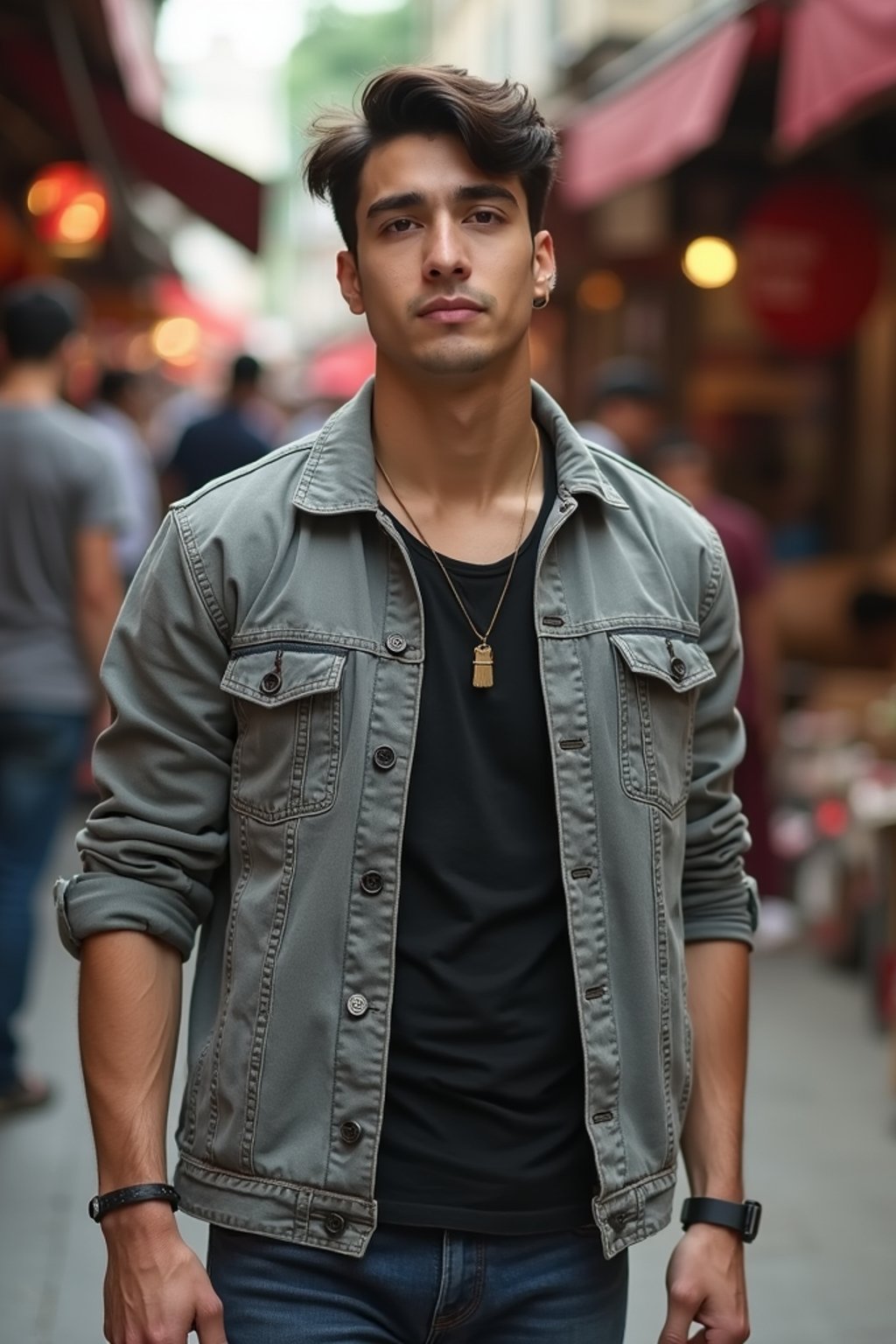 a charismatic masculine  man exploring a street market