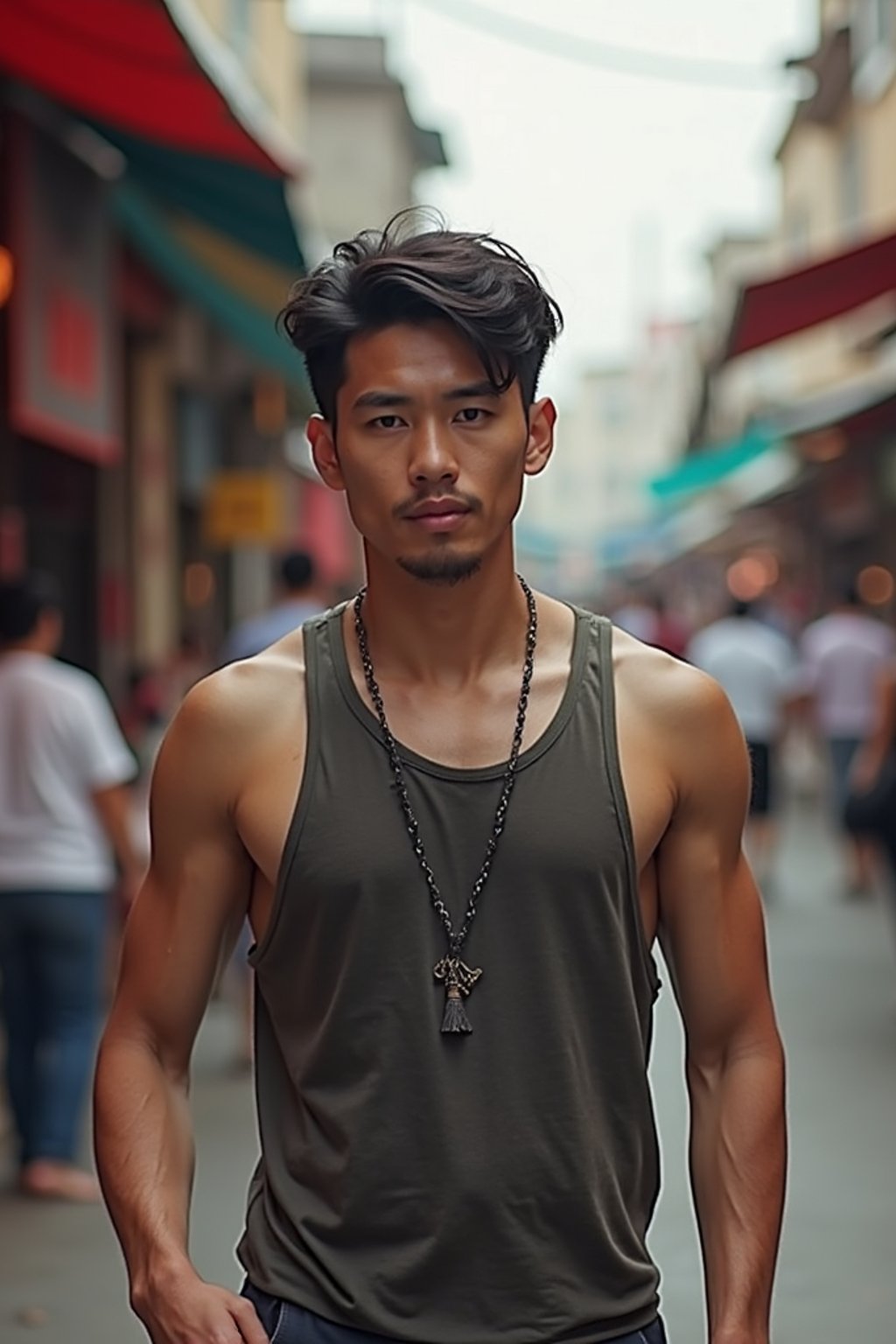 a charismatic masculine  man exploring a street market