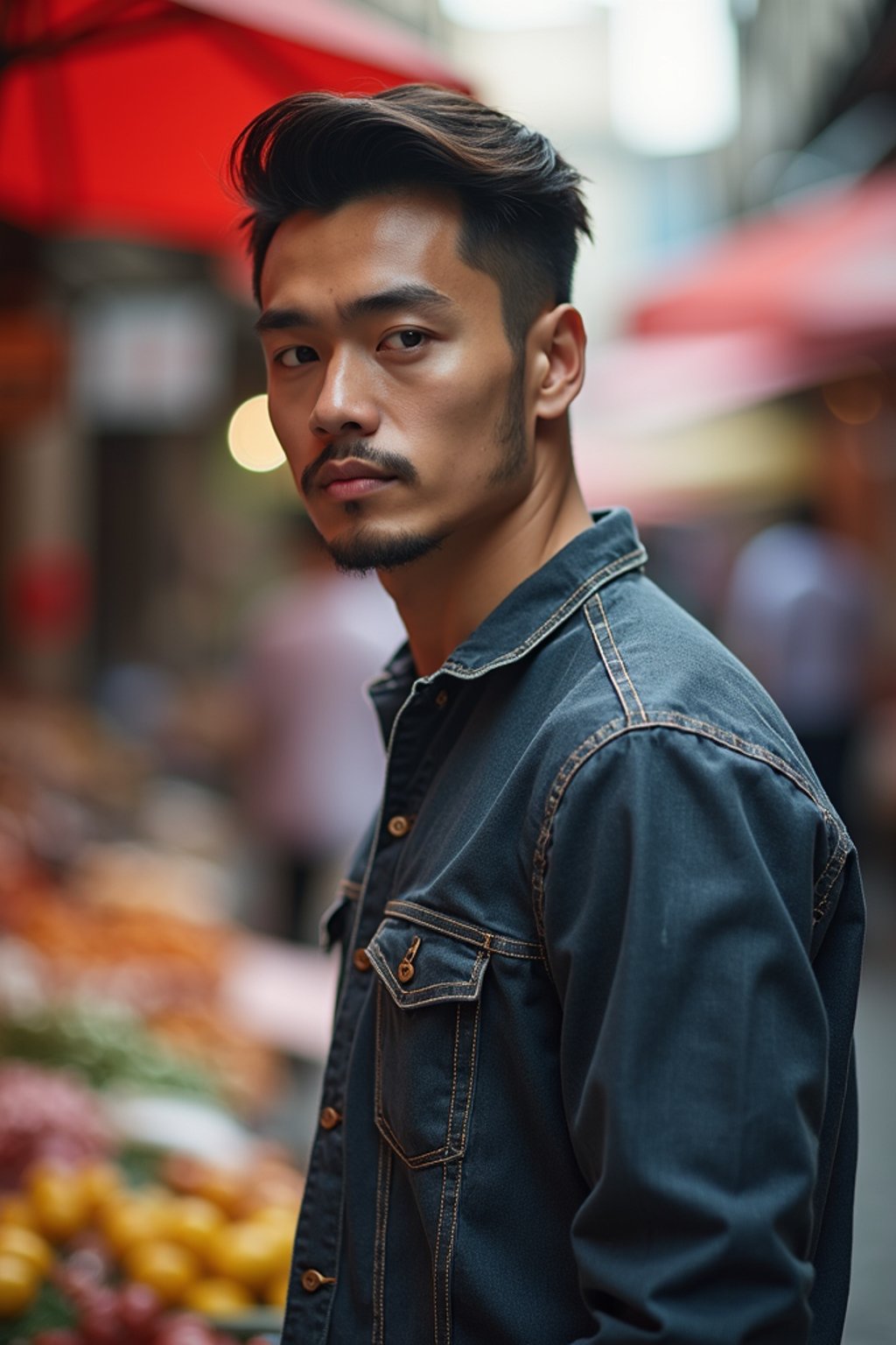 a charismatic masculine  man exploring a street market