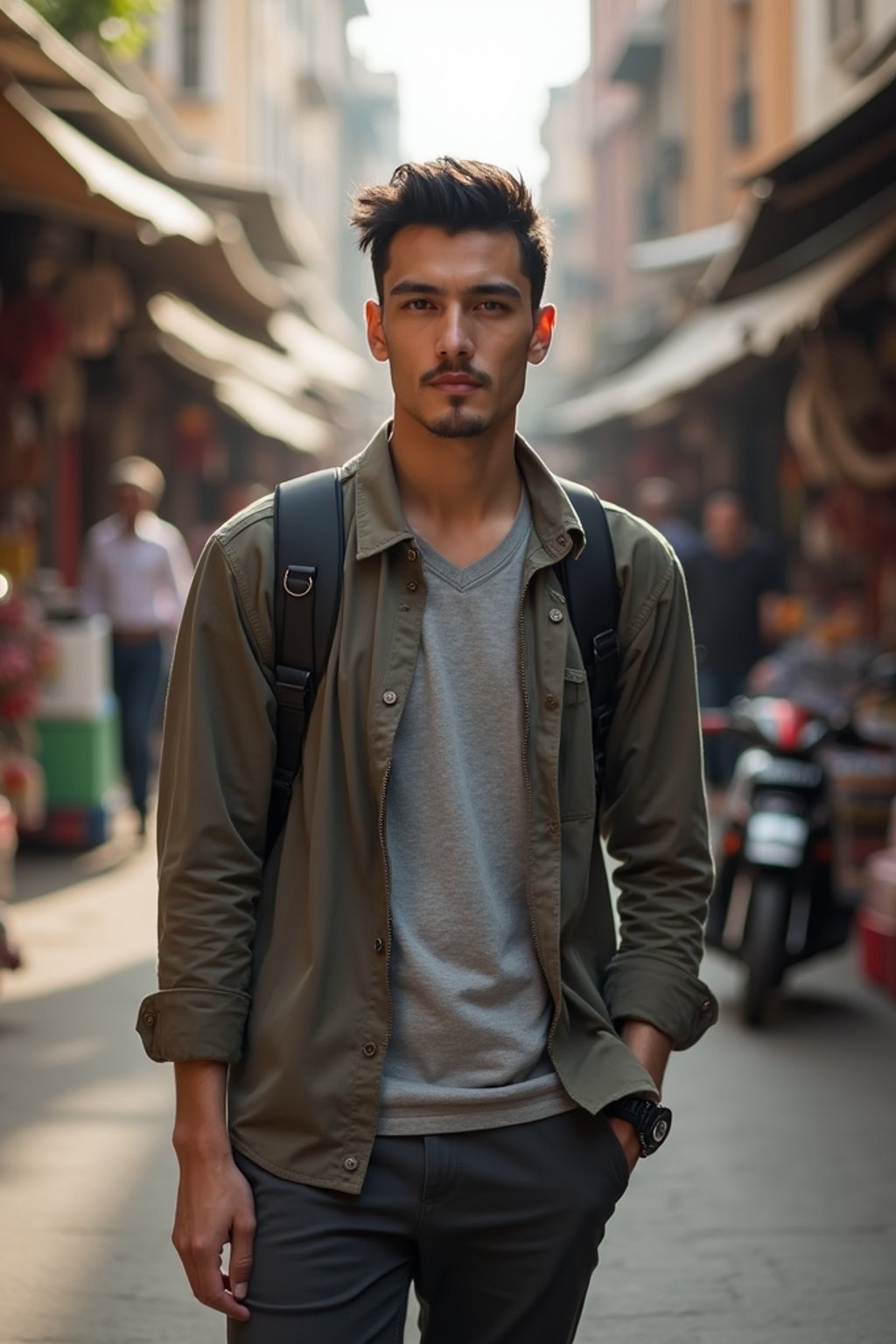 a charismatic masculine  man exploring a street market