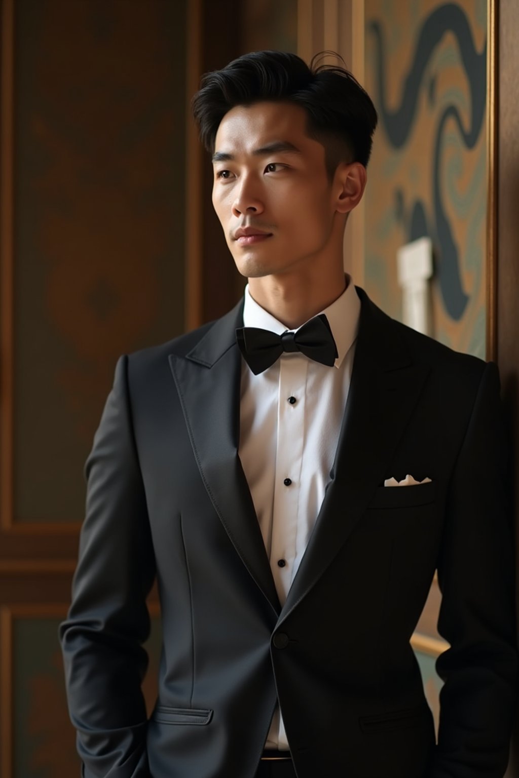 an alluring masculine  man dressed in elegant evening wear