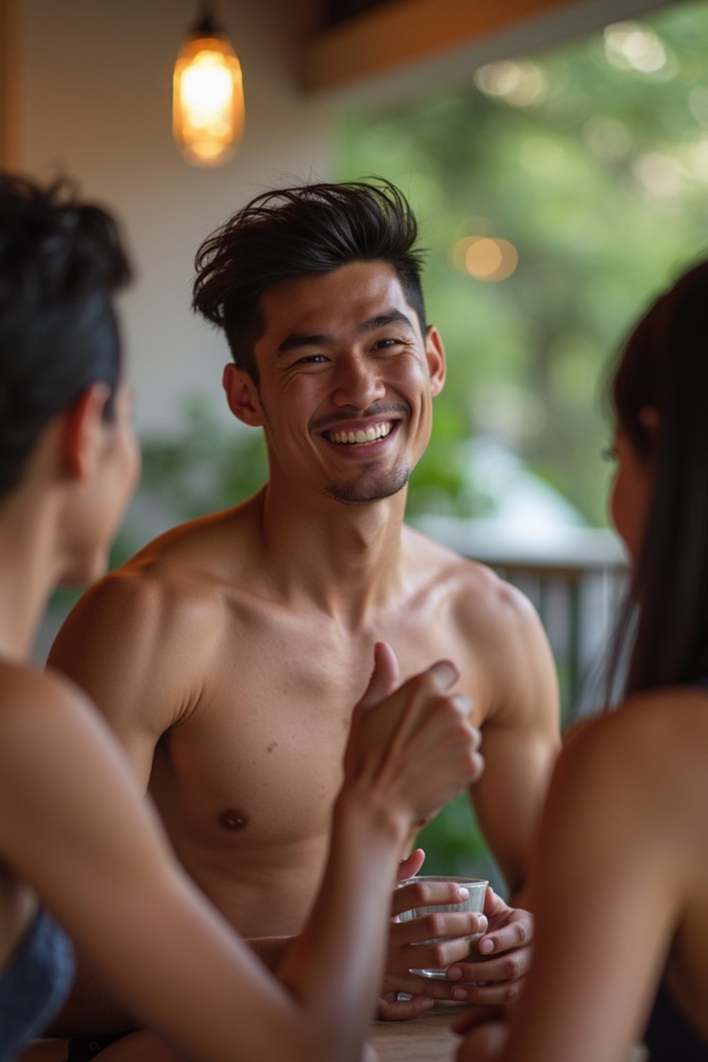 masculine  man laughing and hanging out with friends