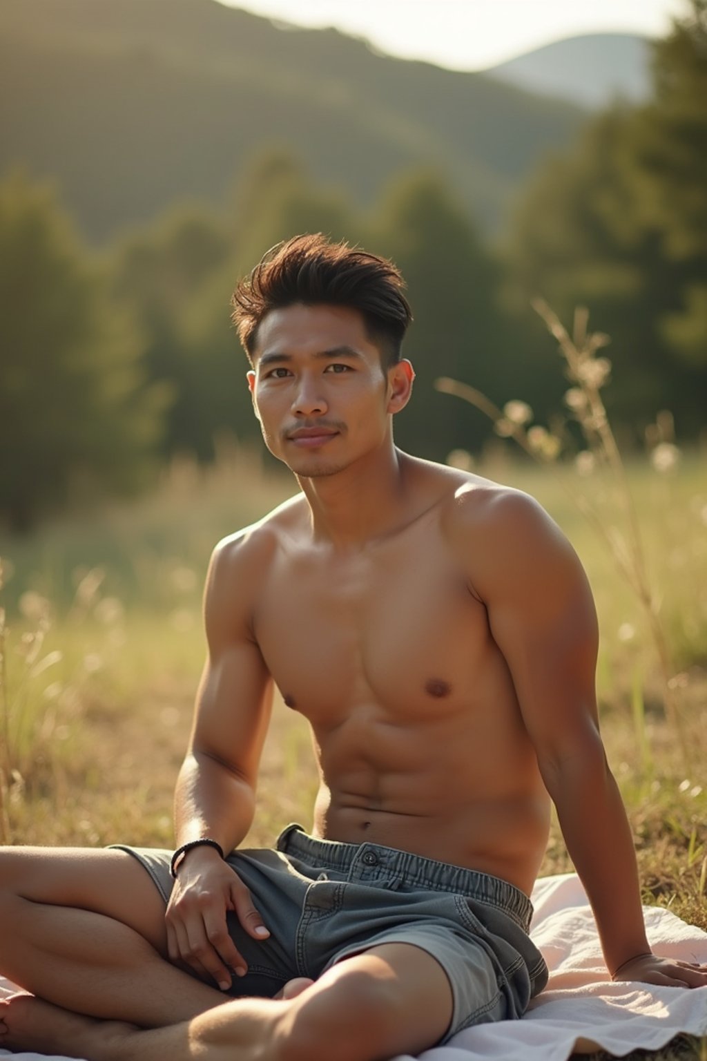 masculine  man having a fun outdoor picnic