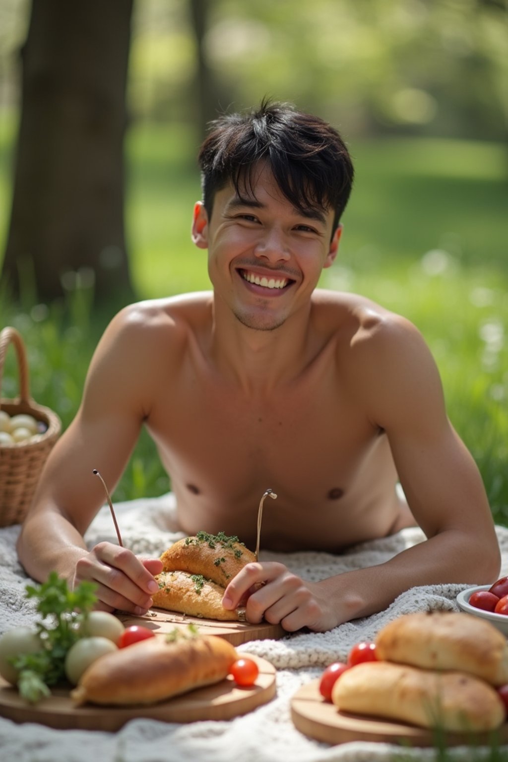 masculine  man having a fun outdoor picnic