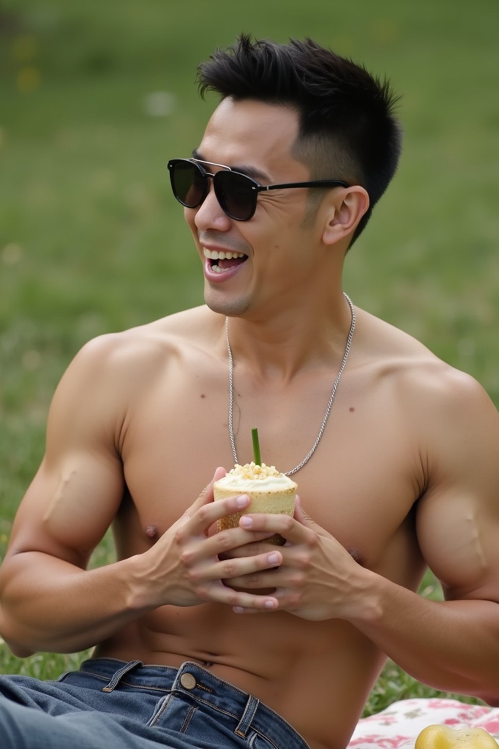 masculine  man having a fun outdoor picnic