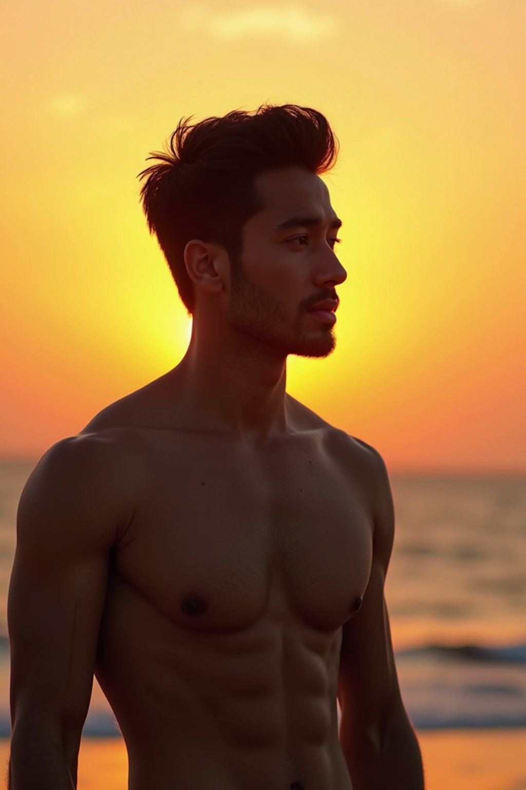 masculine  man enjoying a sunset at a beach or park