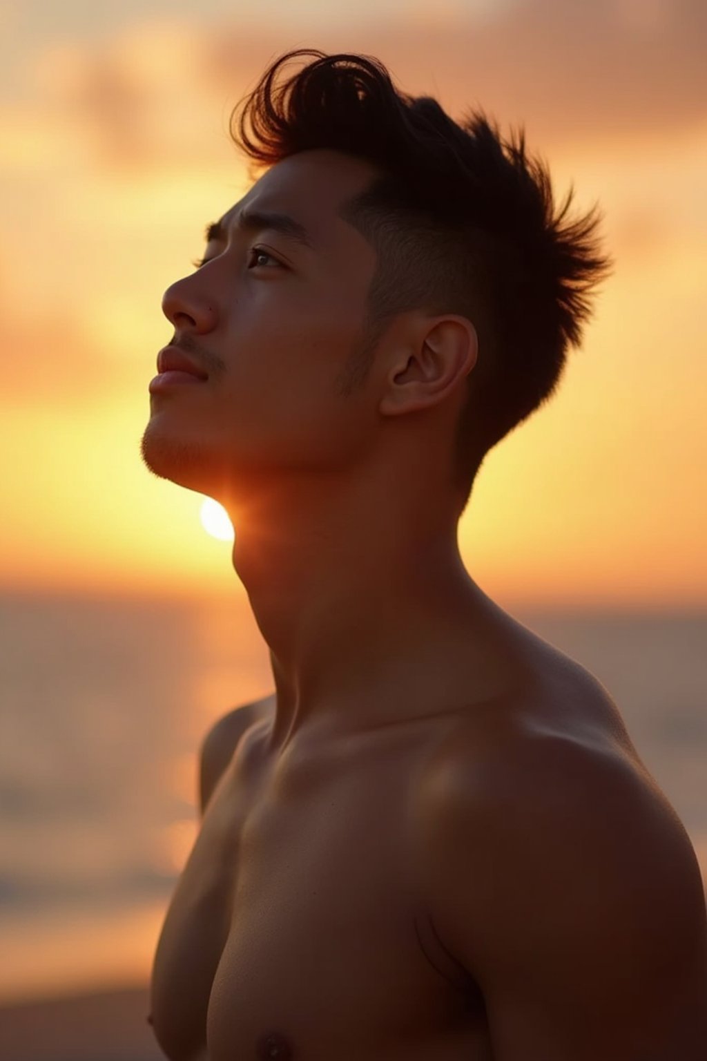 masculine  man enjoying a sunset at a beach or park