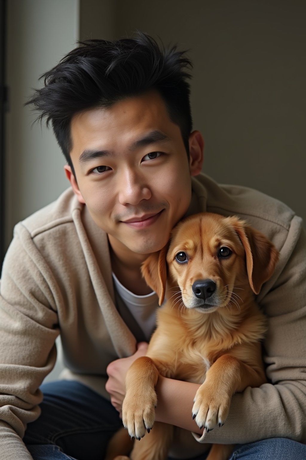 masculine  man posing with a cute pet