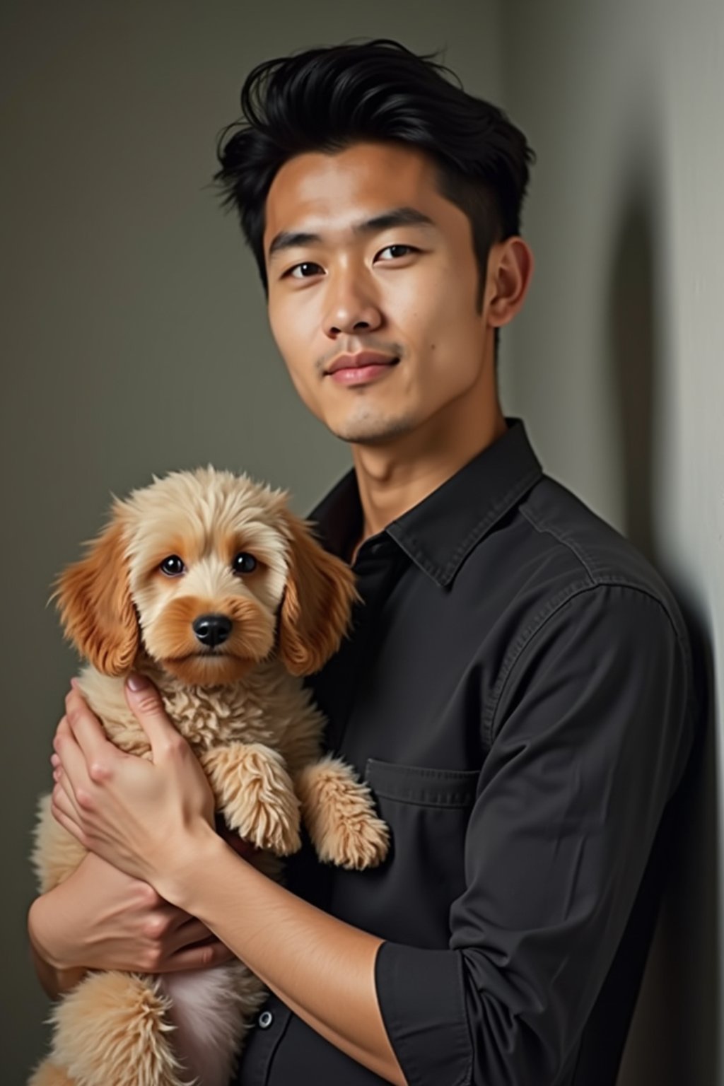 masculine  man posing with a cute pet