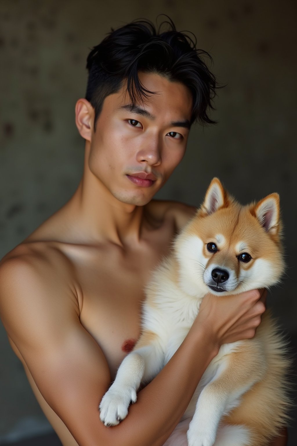 masculine  man posing with a cute pet