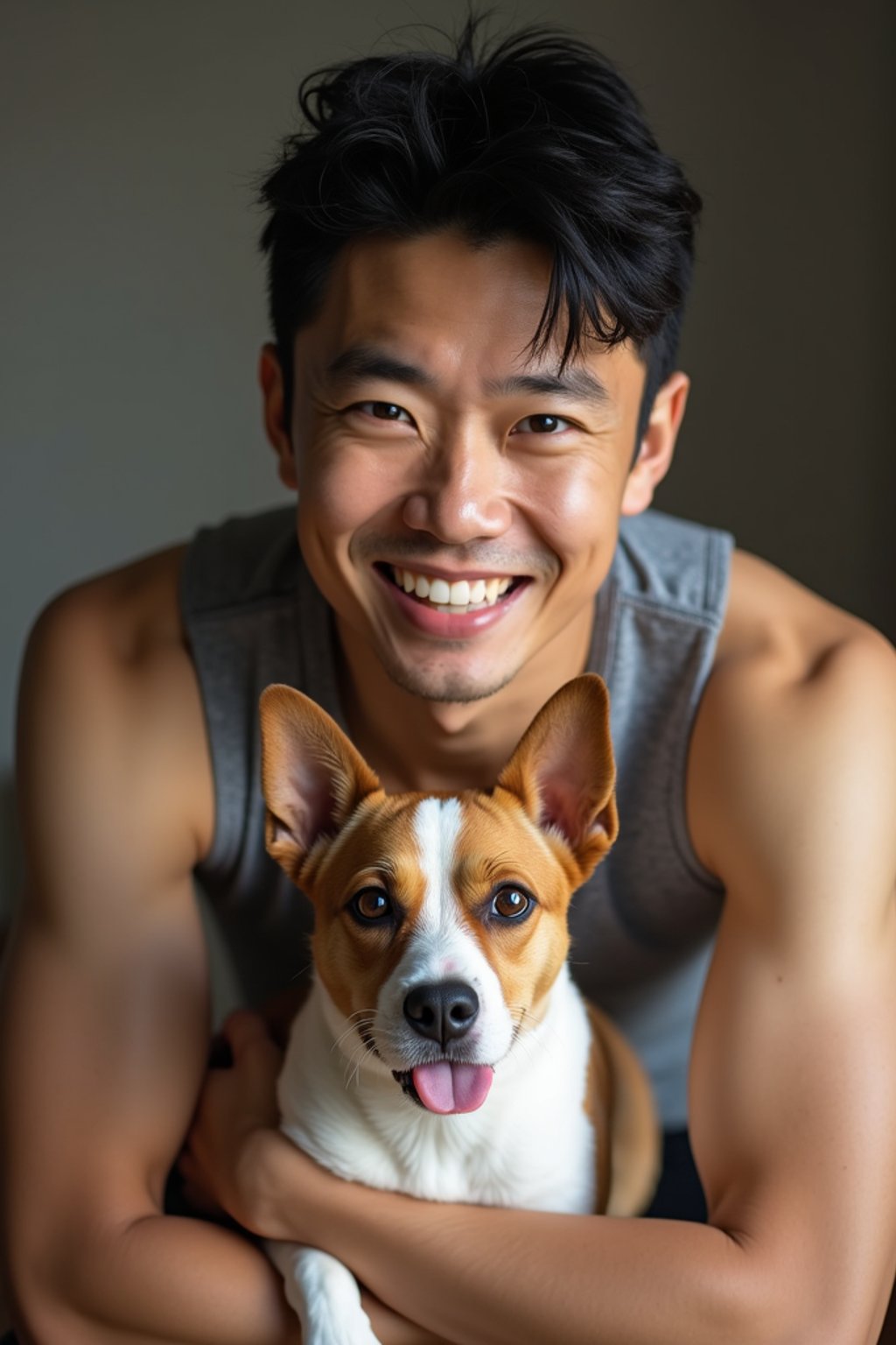 masculine  man posing with a cute pet