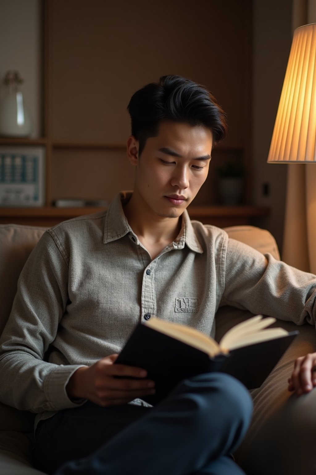 masculine  man reading a book in a cozy home environment