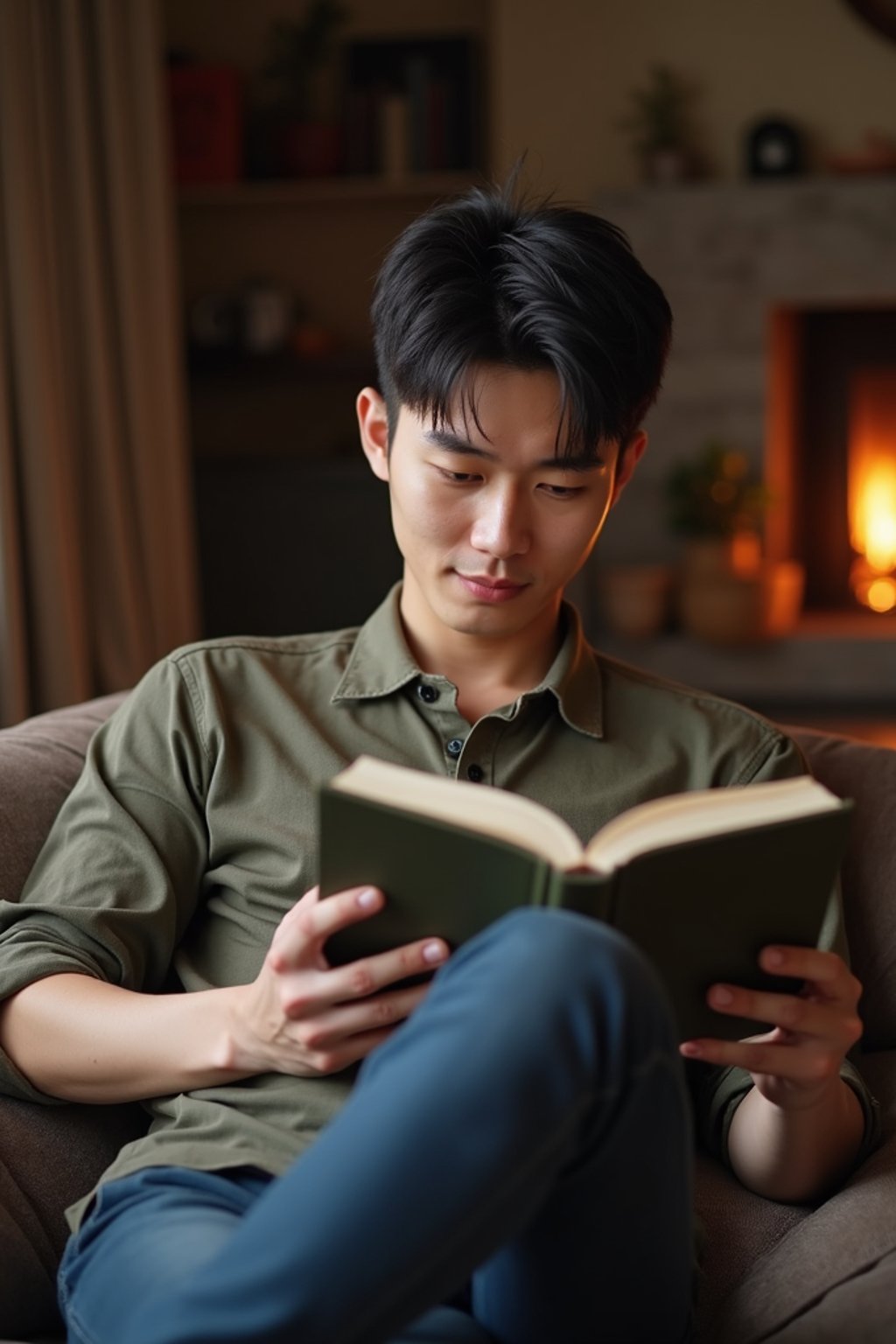 masculine  man reading a book in a cozy home environment