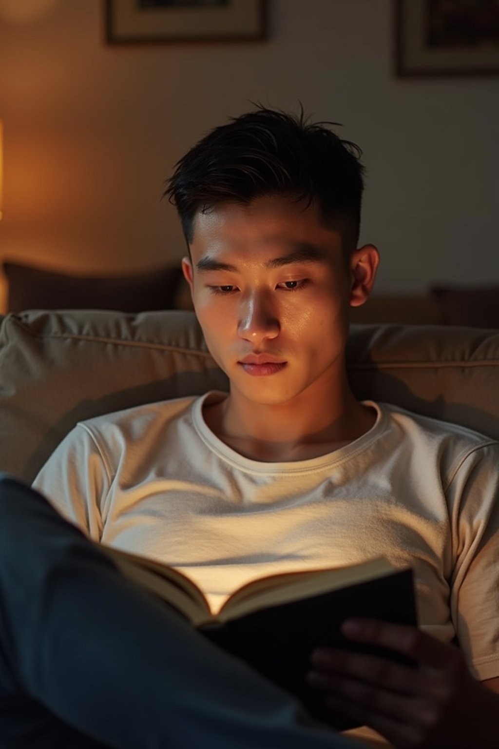 masculine  man reading a book in a cozy home environment