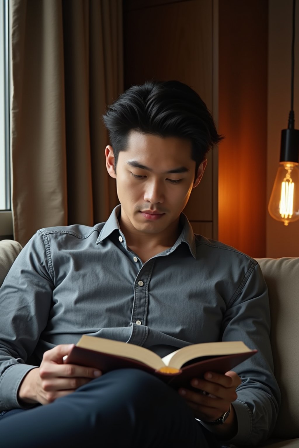 masculine  man reading a book in a cozy home environment