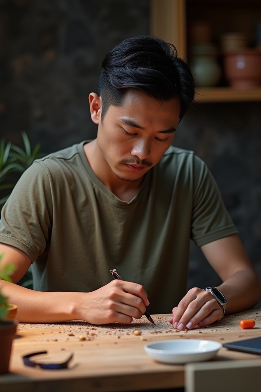 masculine  man engaging in a hobby or craft