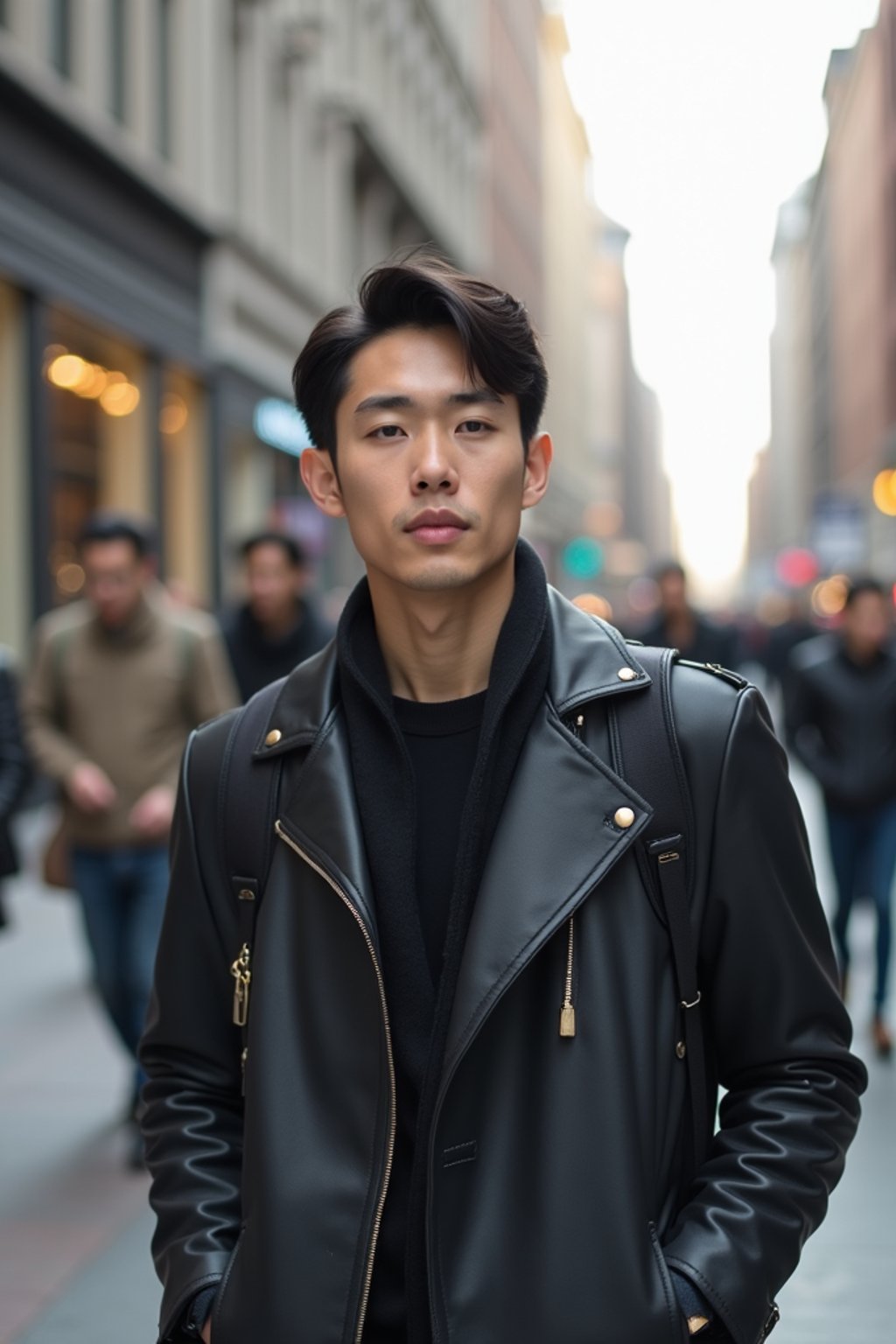 masculine  man taking a casual stroll through a cityscape