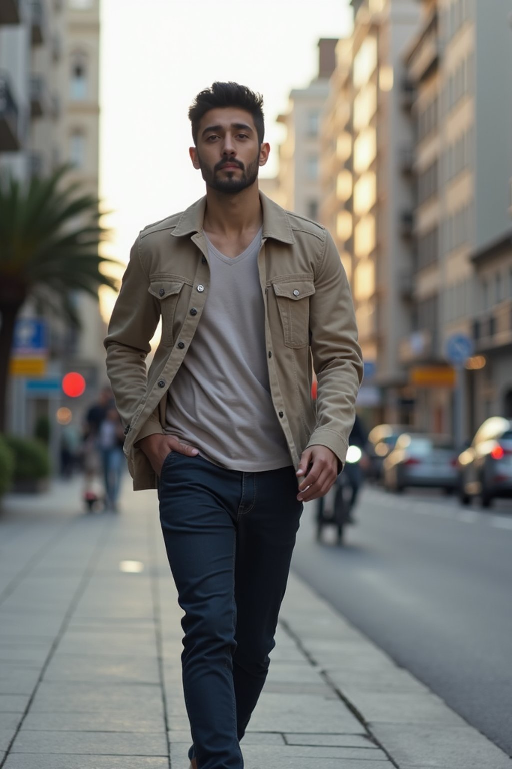 masculine  man taking a casual stroll through a cityscape