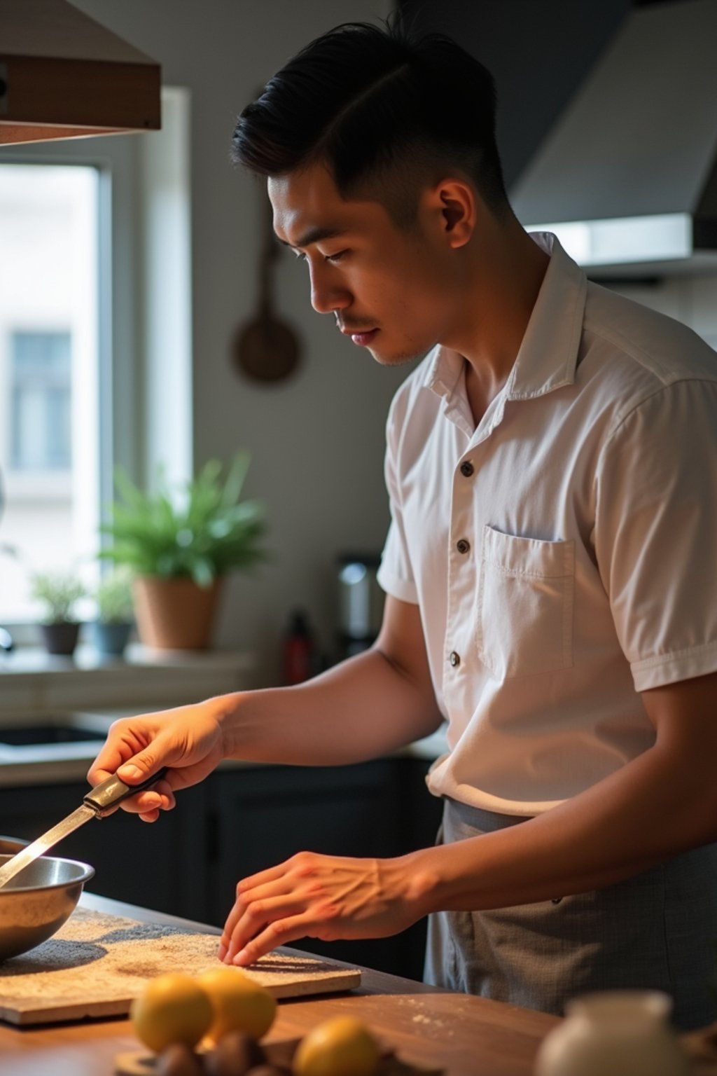 masculine  man cooking or baking in a modern kitchen