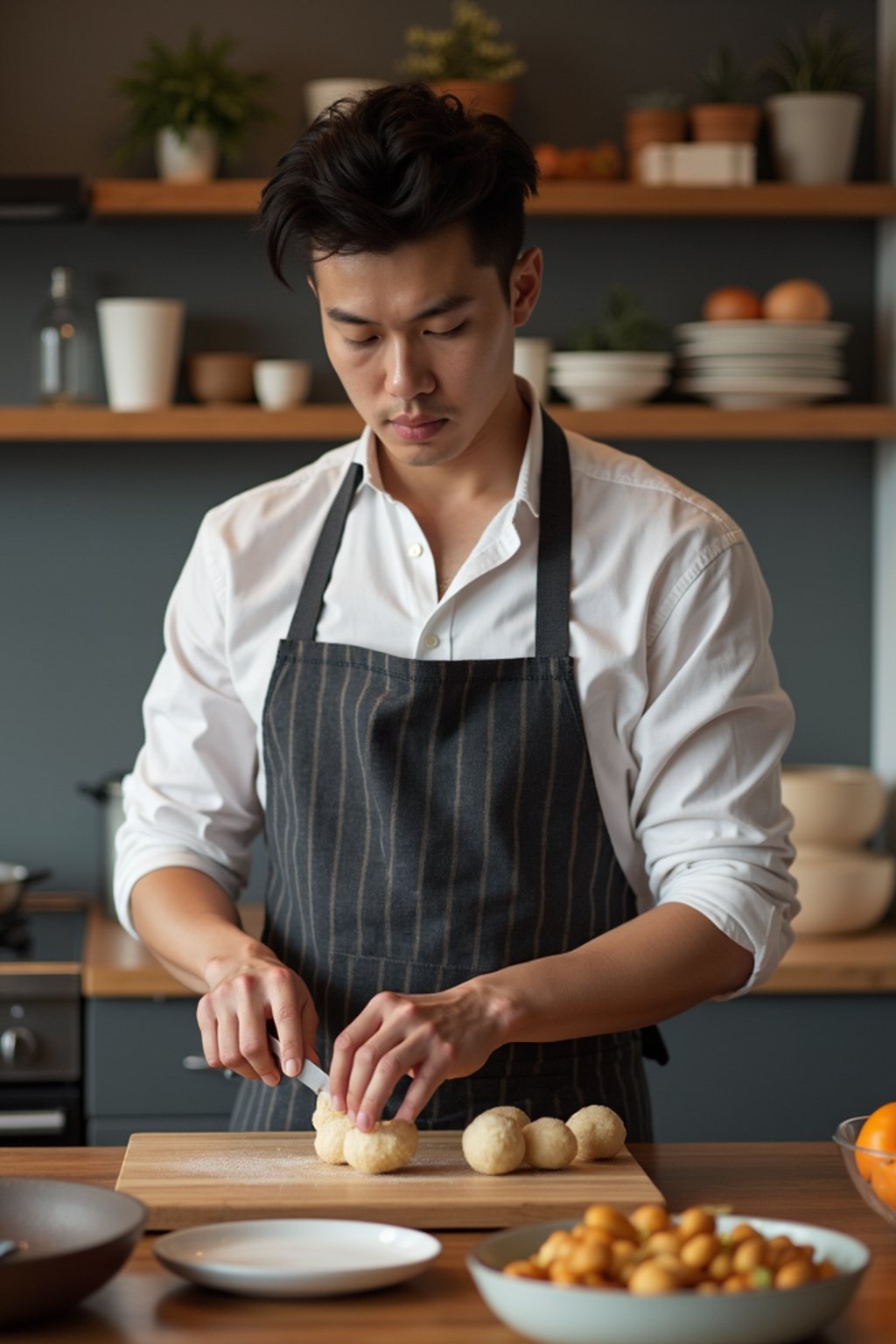 masculine  man cooking or baking in a modern kitchen