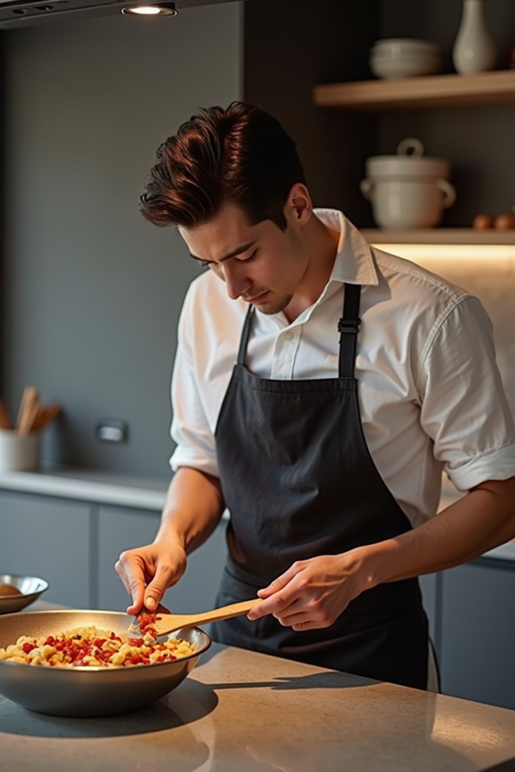 masculine  man cooking or baking in a modern kitchen