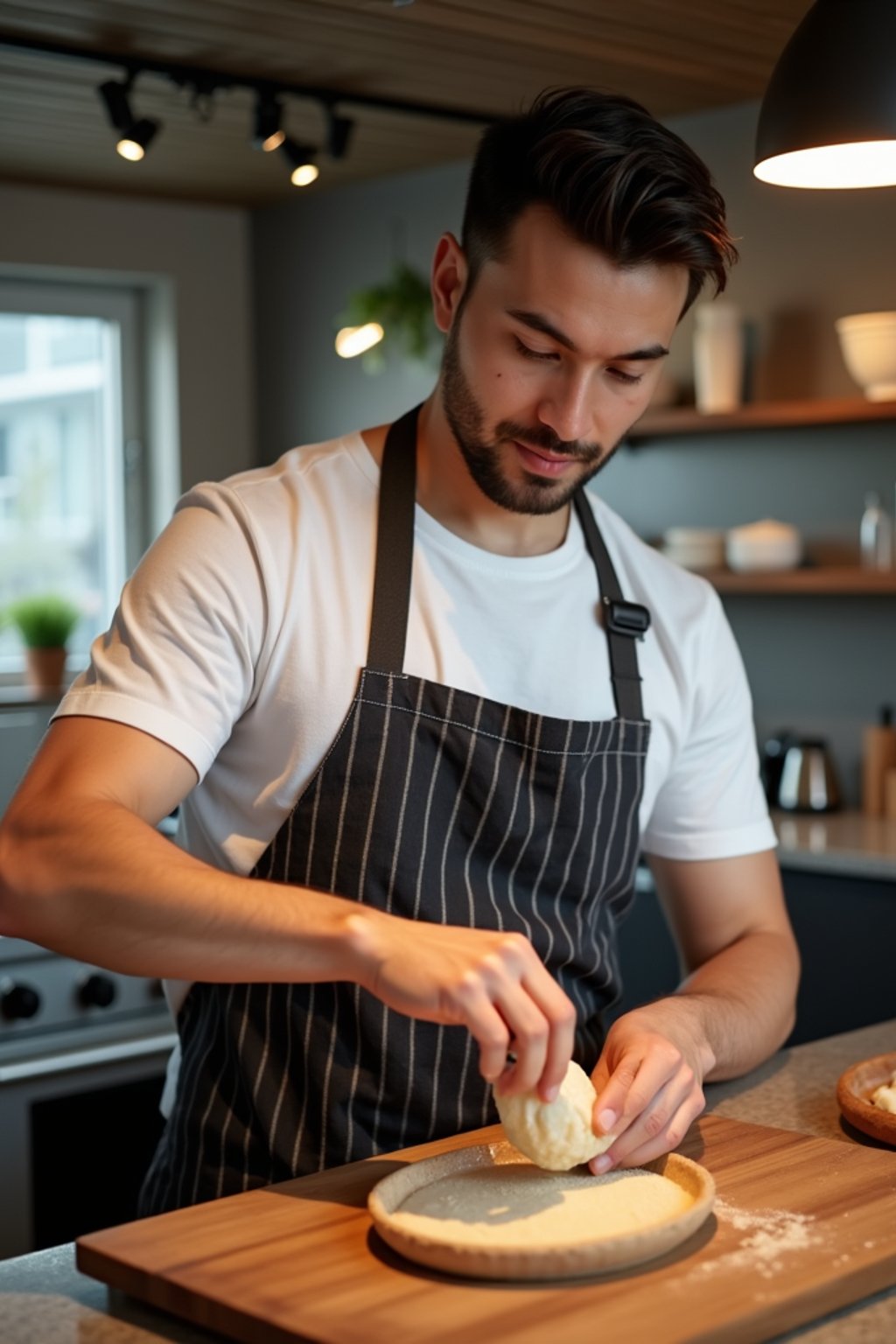 masculine  man cooking or baking in a modern kitchen