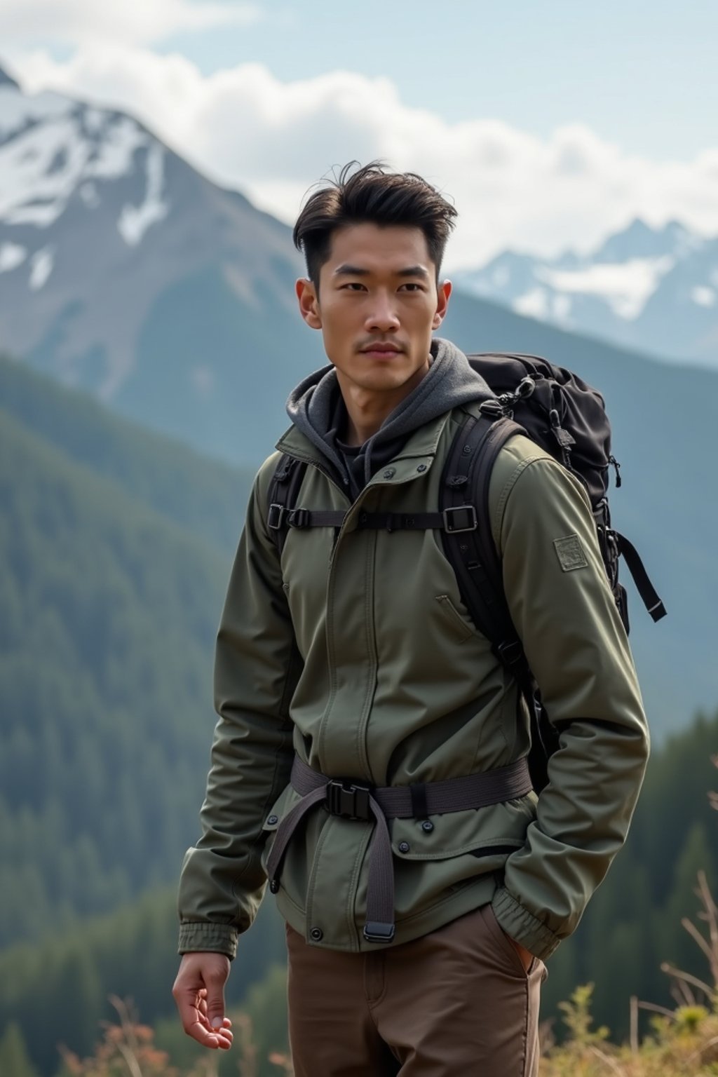 masculine  man in going hiking outdoors in mountains