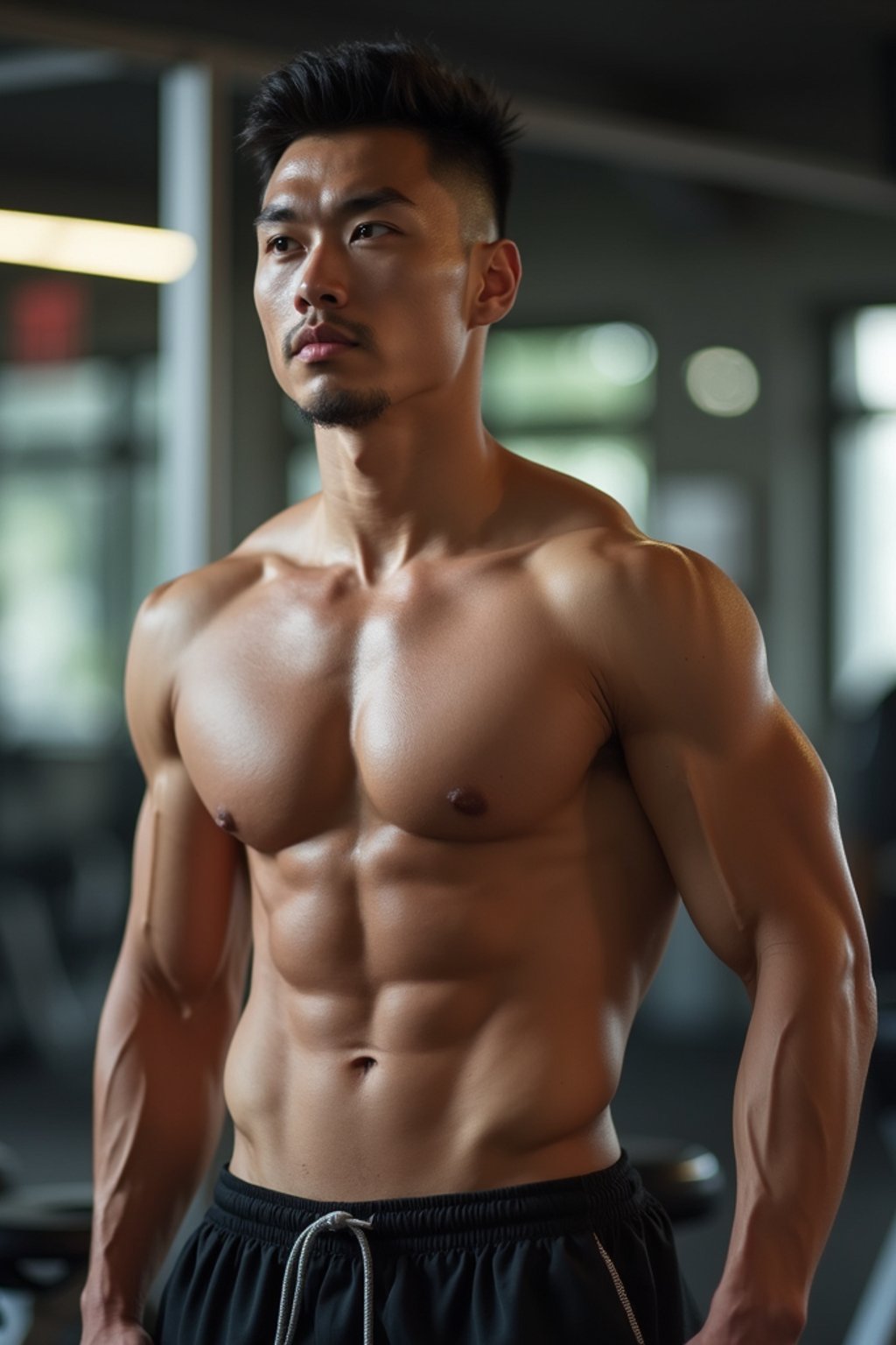 masculine  man wearing  or shorts and sports top in the fitness gym