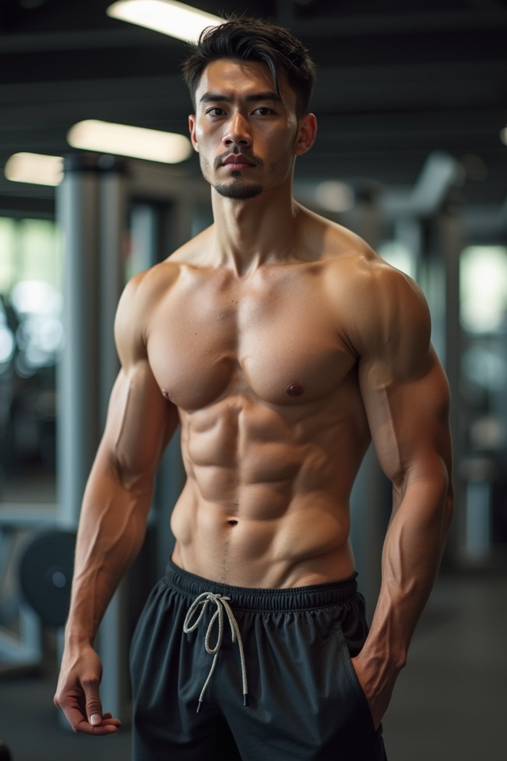 masculine  man wearing  or shorts and sports top in the fitness gym