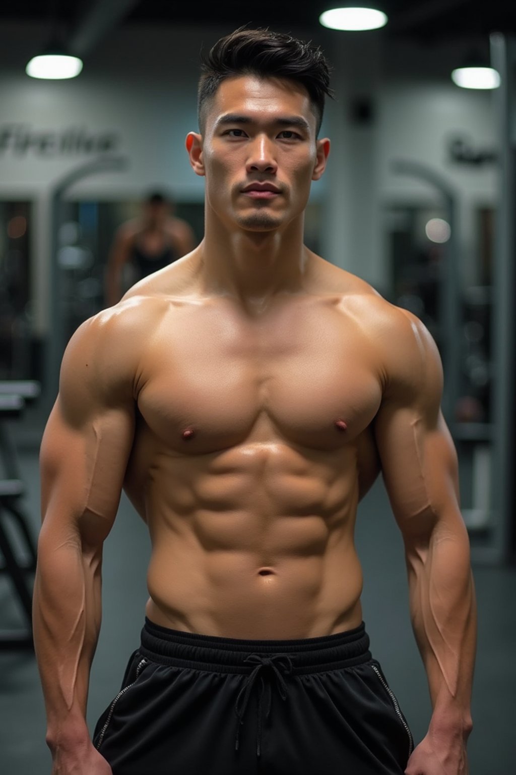 masculine  man wearing  or shorts and sports top in the fitness gym