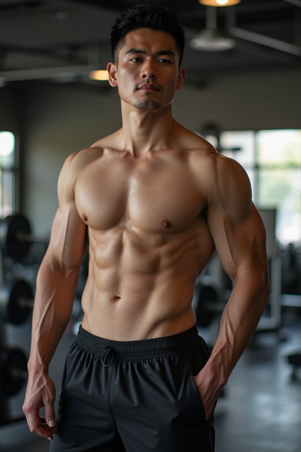 masculine  man wearing  or shorts and sports top in the fitness gym